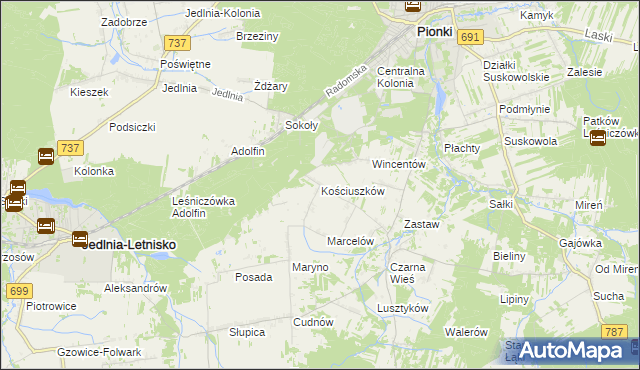 mapa Kościuszków gmina Pionki, Kościuszków gmina Pionki na mapie Targeo