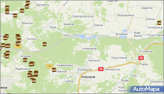 mapa Kostkowice gmina Kroczyce, Kostkowice gmina Kroczyce na mapie Targeo