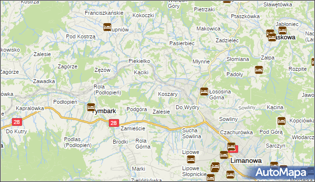 mapa Koszary gmina Limanowa, Koszary gmina Limanowa na mapie Targeo