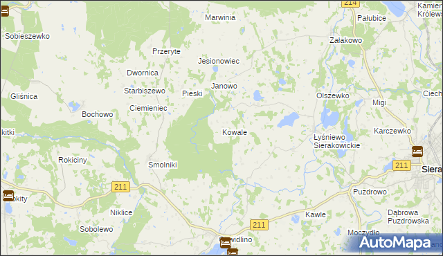 mapa Kowale gmina Sierakowice, Kowale gmina Sierakowice na mapie Targeo