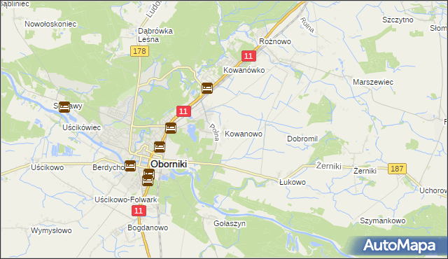 mapa Kowanowo gmina Oborniki, Kowanowo gmina Oborniki na mapie Targeo