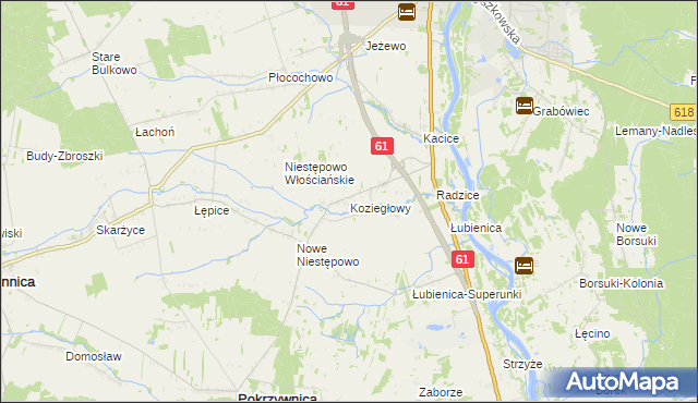 mapa Koziegłowy gmina Pokrzywnica, Koziegłowy gmina Pokrzywnica na mapie Targeo