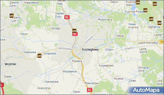 mapa Koziegłowy powiat myszkowski, Koziegłowy powiat myszkowski na mapie Targeo