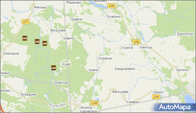 mapa Kozielice gmina Golczewo, Kozielice gmina Golczewo na mapie Targeo