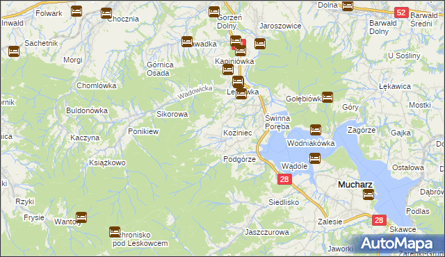 mapa Koziniec gmina Mucharz, Koziniec gmina Mucharz na mapie Targeo