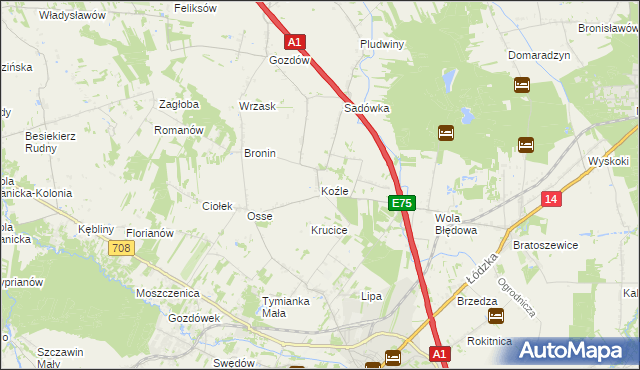 mapa Koźle gmina Stryków, Koźle gmina Stryków na mapie Targeo