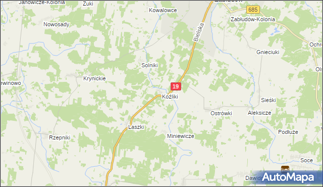 mapa Koźliki gmina Zabłudów, Koźliki gmina Zabłudów na mapie Targeo