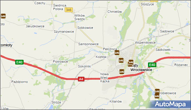 mapa Kozłów gmina Kąty Wrocławskie, Kozłów gmina Kąty Wrocławskie na mapie Targeo