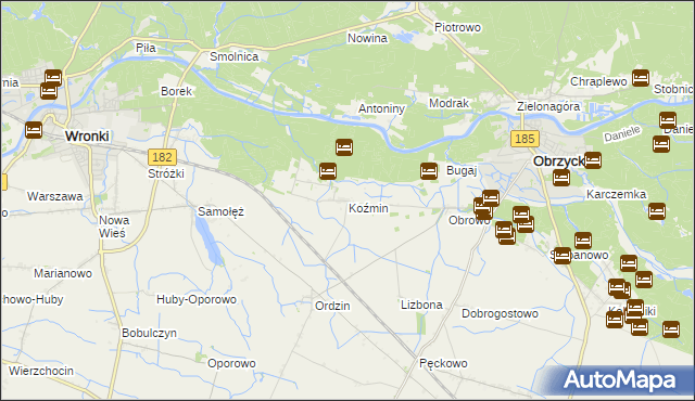 mapa Koźmin gmina Obrzycko, Koźmin gmina Obrzycko na mapie Targeo