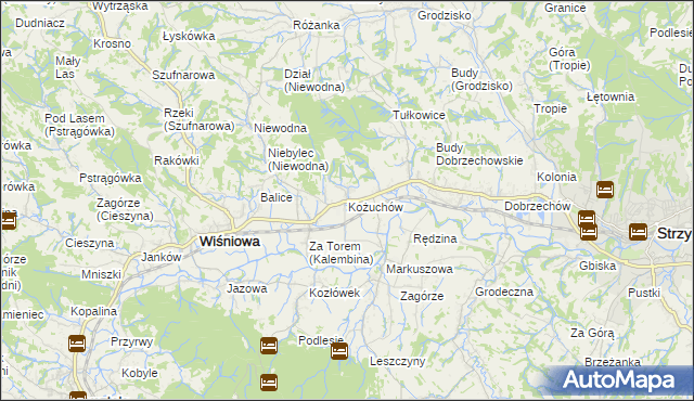 mapa Kożuchów gmina Wiśniowa, Kożuchów gmina Wiśniowa na mapie Targeo
