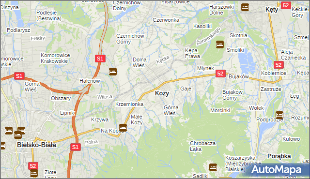 mapa Kozy powiat bielski, Kozy powiat bielski na mapie Targeo