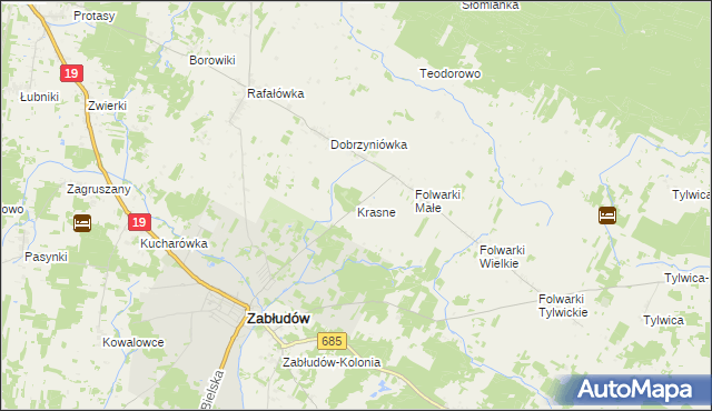 mapa Krasne gmina Zabłudów, Krasne gmina Zabłudów na mapie Targeo