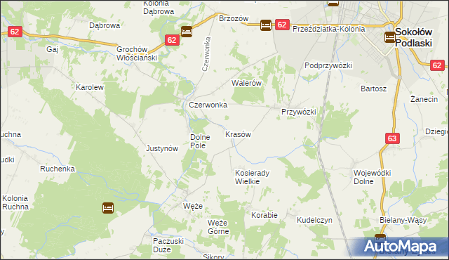 mapa Krasów gmina Sokołów Podlaski, Krasów gmina Sokołów Podlaski na mapie Targeo