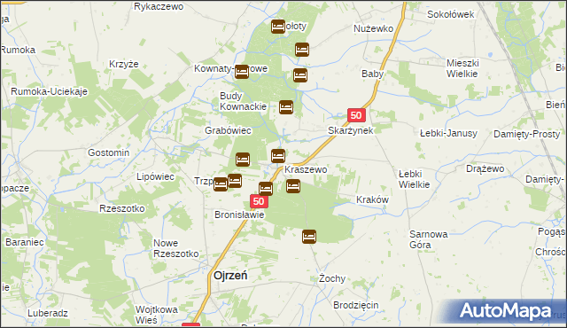 mapa Kraszewo gmina Ojrzeń, Kraszewo gmina Ojrzeń na mapie Targeo