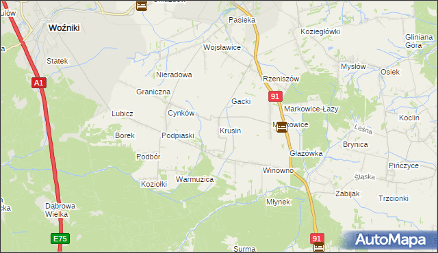 mapa Krusin gmina Koziegłowy, Krusin gmina Koziegłowy na mapie Targeo
