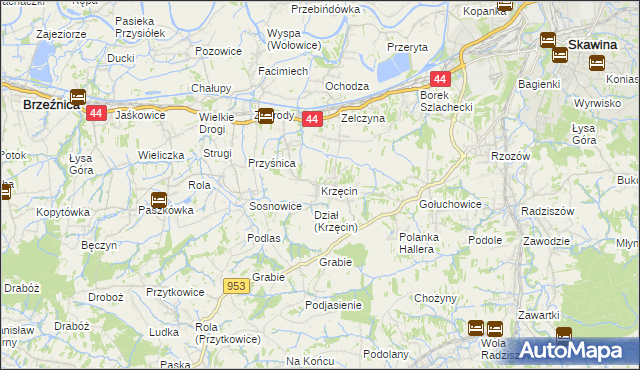 mapa Krzęcin gmina Skawina, Krzęcin gmina Skawina na mapie Targeo