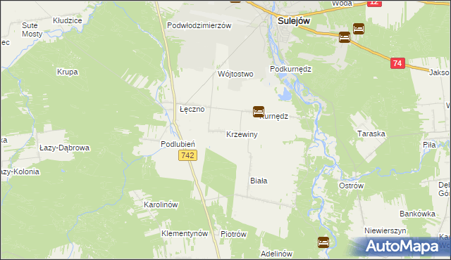 mapa Krzewiny gmina Sulejów, Krzewiny gmina Sulejów na mapie Targeo