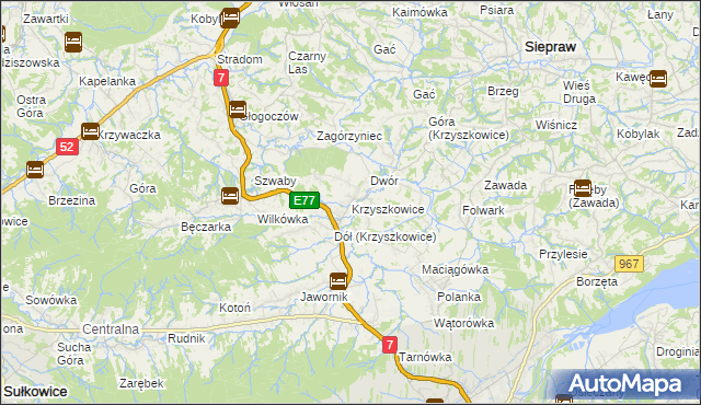 mapa Krzyszkowice gmina Myślenice, Krzyszkowice gmina Myślenice na mapie Targeo