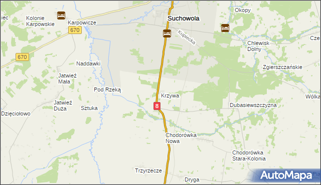 mapa Krzywa gmina Suchowola, Krzywa gmina Suchowola na mapie Targeo