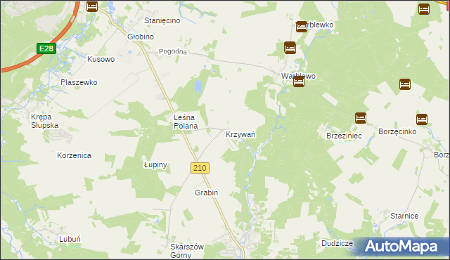 mapa Krzywań gmina Dębnica Kaszubska, Krzywań gmina Dębnica Kaszubska na mapie Targeo