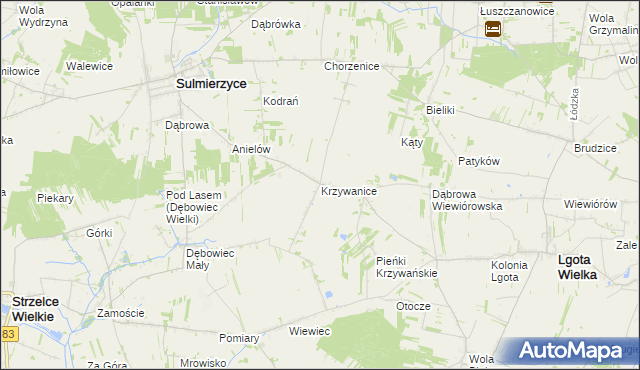 mapa Krzywanice gmina Lgota Wielka, Krzywanice gmina Lgota Wielka na mapie Targeo