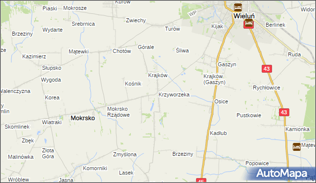 mapa Krzyworzeka gmina Mokrsko, Krzyworzeka gmina Mokrsko na mapie Targeo