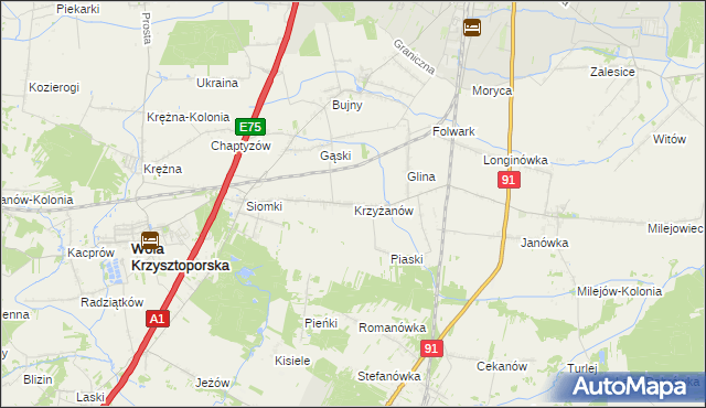 mapa Krzyżanów gmina Wola Krzysztoporska, Krzyżanów gmina Wola Krzysztoporska na mapie Targeo