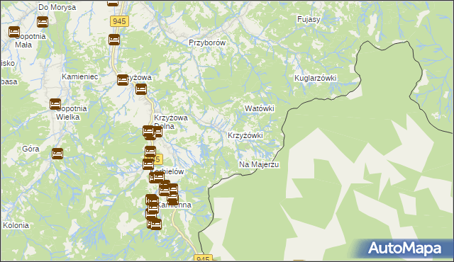 mapa Krzyżówki gmina Jeleśnia, Krzyżówki gmina Jeleśnia na mapie Targeo