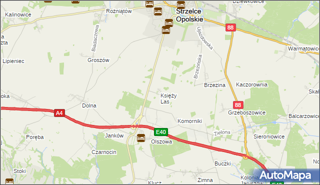 mapa Księży Las gmina Ujazd, Księży Las gmina Ujazd na mapie Targeo