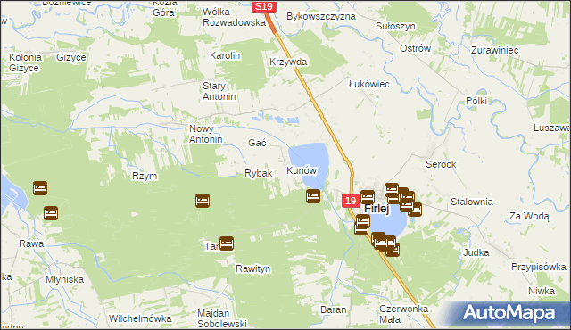 mapa Kunów gmina Firlej, Kunów gmina Firlej na mapie Targeo