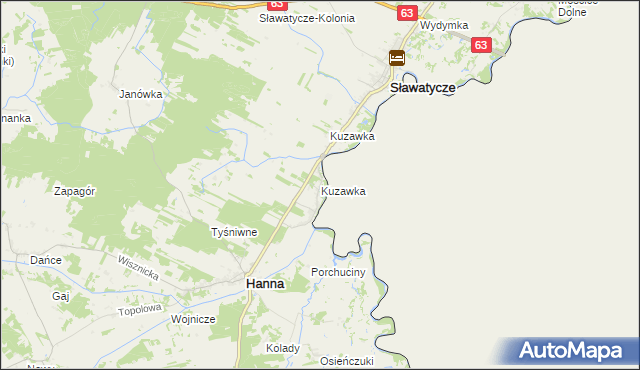 mapa Kuzawka gmina Hanna, Kuzawka gmina Hanna na mapie Targeo