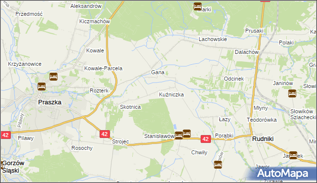mapa Kuźniczka gmina Praszka, Kuźniczka gmina Praszka na mapie Targeo