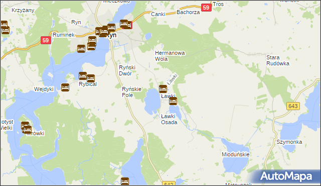 mapa Ławki gmina Ryn, Ławki gmina Ryn na mapie Targeo