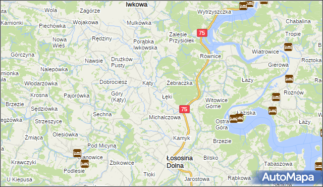 mapa Łęki gmina Łososina Dolna, Łęki gmina Łososina Dolna na mapie Targeo
