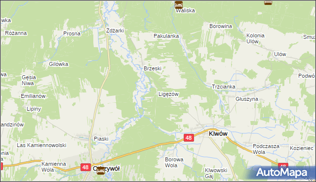 mapa Ligęzów gmina Klwów, Ligęzów gmina Klwów na mapie Targeo