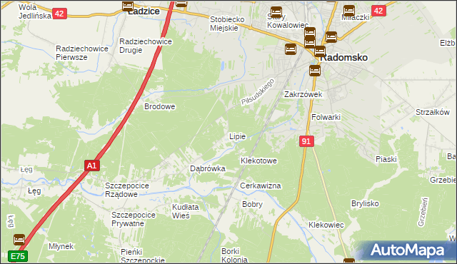 mapa Lipie gmina Radomsko, Lipie gmina Radomsko na mapie Targeo