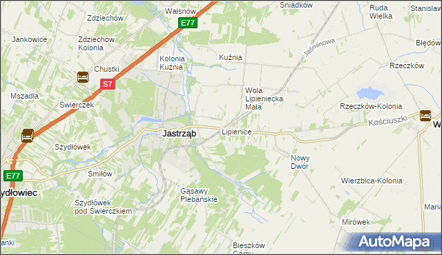 mapa Lipienice gmina Jastrząb, Lipienice gmina Jastrząb na mapie Targeo