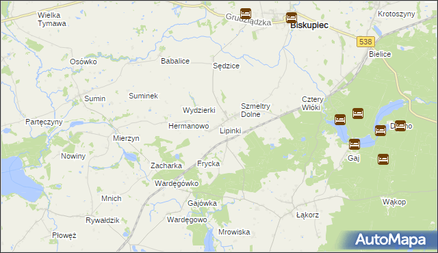 mapa Lipinki gmina Biskupiec, Lipinki gmina Biskupiec na mapie Targeo