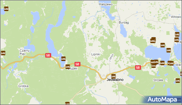 mapa Lipniki gmina Jedwabno, Lipniki gmina Jedwabno na mapie Targeo