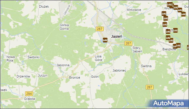 mapa Lisia Góra gmina Jasień, Lisia Góra gmina Jasień na mapie Targeo