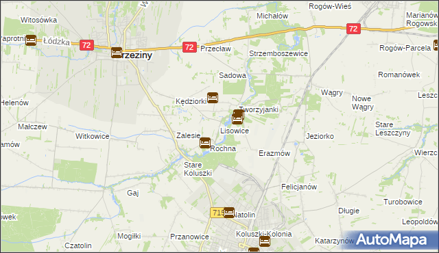 mapa Lisowice gmina Koluszki, Lisowice gmina Koluszki na mapie Targeo