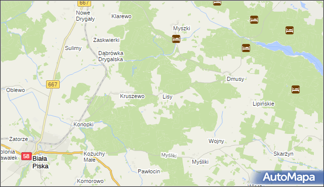 mapa Lisy gmina Biała Piska, Lisy gmina Biała Piska na mapie Targeo