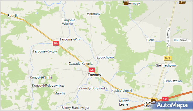 mapa Łopuchowo gmina Tykocin, Łopuchowo gmina Tykocin na mapie Targeo