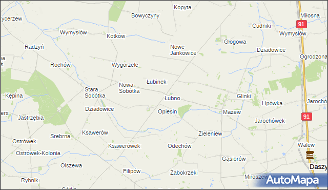 mapa Łubno gmina Daszyna, Łubno gmina Daszyna na mapie Targeo