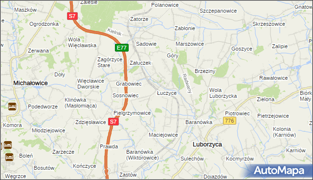 mapa Łuczyce gmina Kocmyrzów-Luborzyca, Łuczyce gmina Kocmyrzów-Luborzyca na mapie Targeo