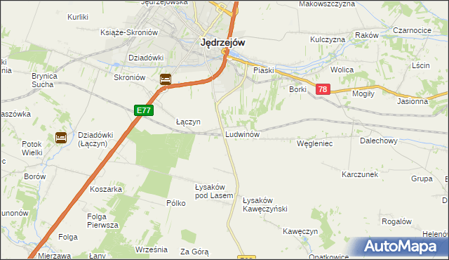 mapa Ludwinów gmina Jędrzejów, Ludwinów gmina Jędrzejów na mapie Targeo