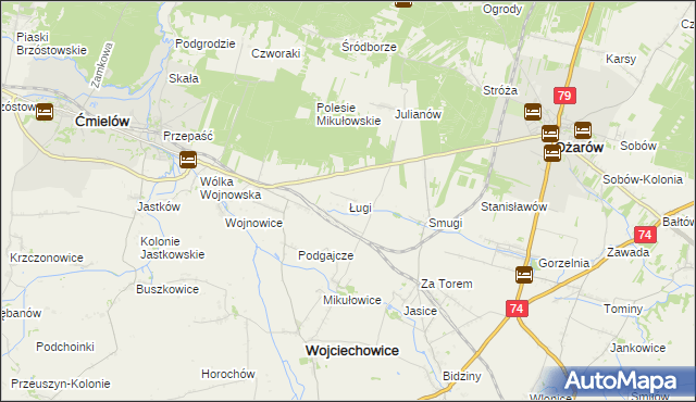 mapa Ługi gmina Wojciechowice, Ługi gmina Wojciechowice na mapie Targeo