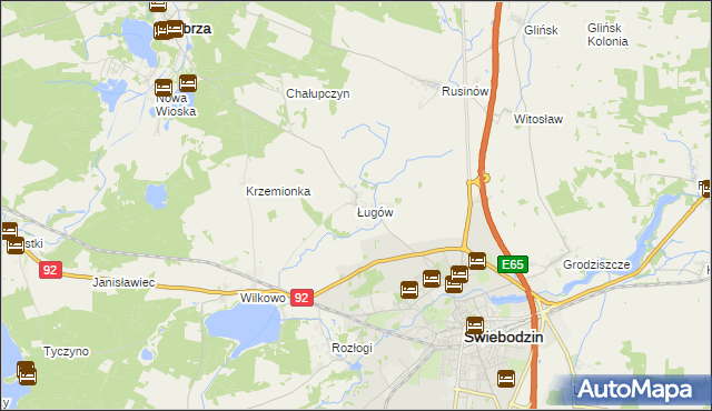 mapa Ługów gmina Świebodzin, Ługów gmina Świebodzin na mapie Targeo