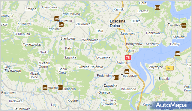 mapa Łyczanka gmina Łososina Dolna, Łyczanka gmina Łososina Dolna na mapie Targeo