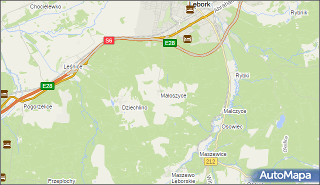mapa Małoszyce gmina Nowa Wieś Lęborska, Małoszyce gmina Nowa Wieś Lęborska na mapie Targeo